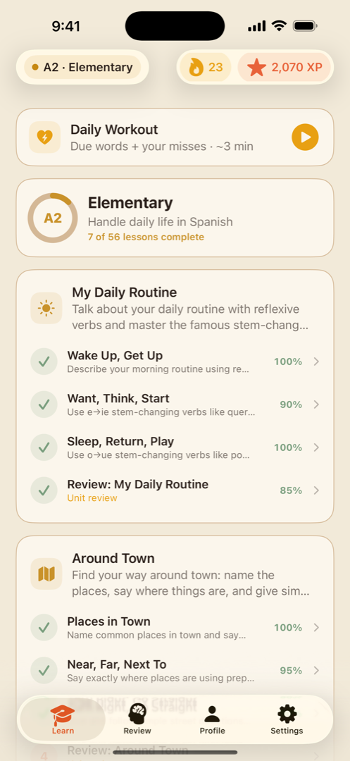 The Understood In course map: an A2 unit with completed lessons, a 23-day streak and a Daily Workout card