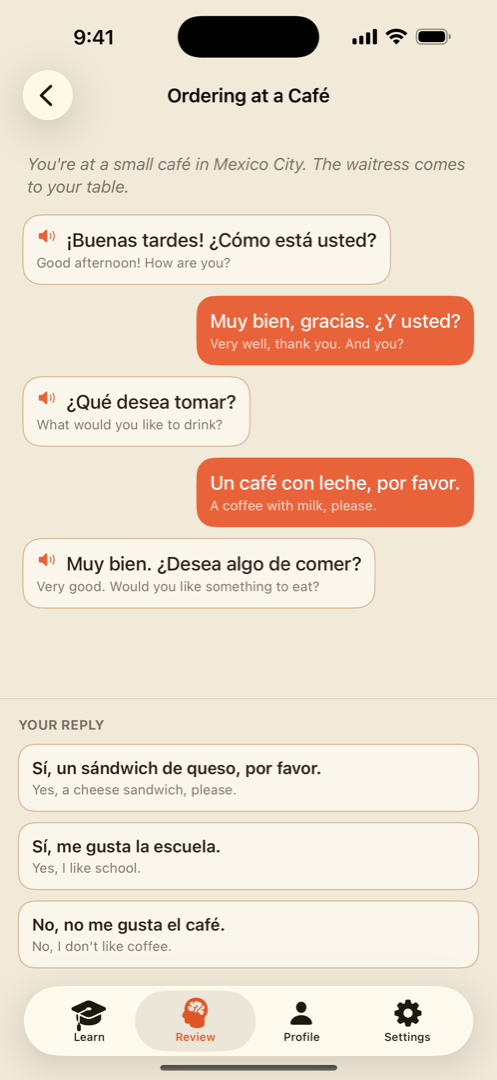 A conversation at a café in Mexico City, two turns in, with three replies to choose from
