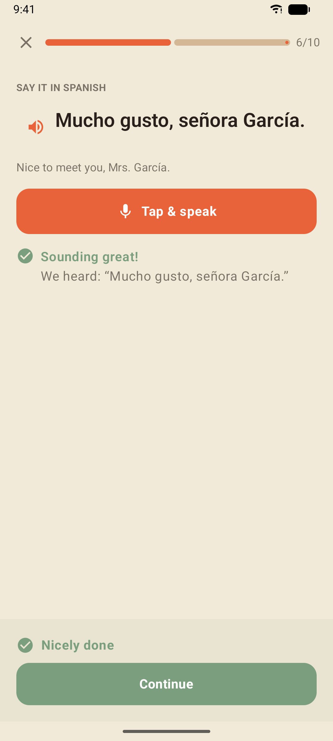 The same speaking exercise recognised correctly: Sounding great!