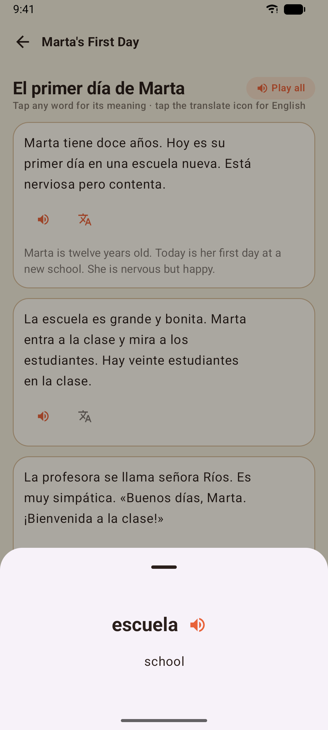 The same story with the tap-a-word sheet open on escuela