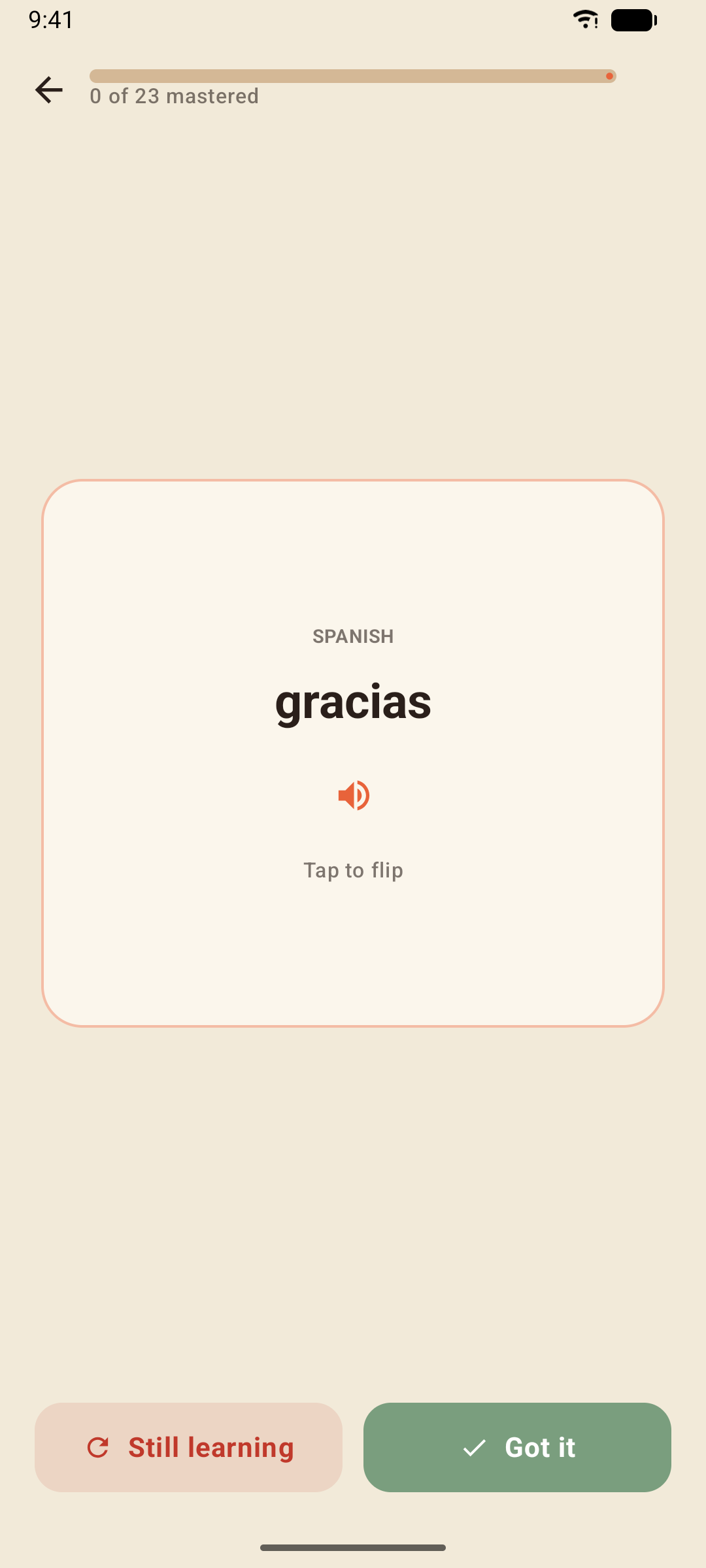 A flashcard face up with the Still learning and know-it buttons