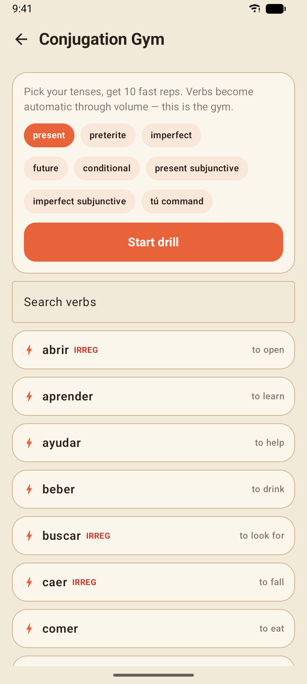 The Conjugation Gym: the searchable verb list and tense drills