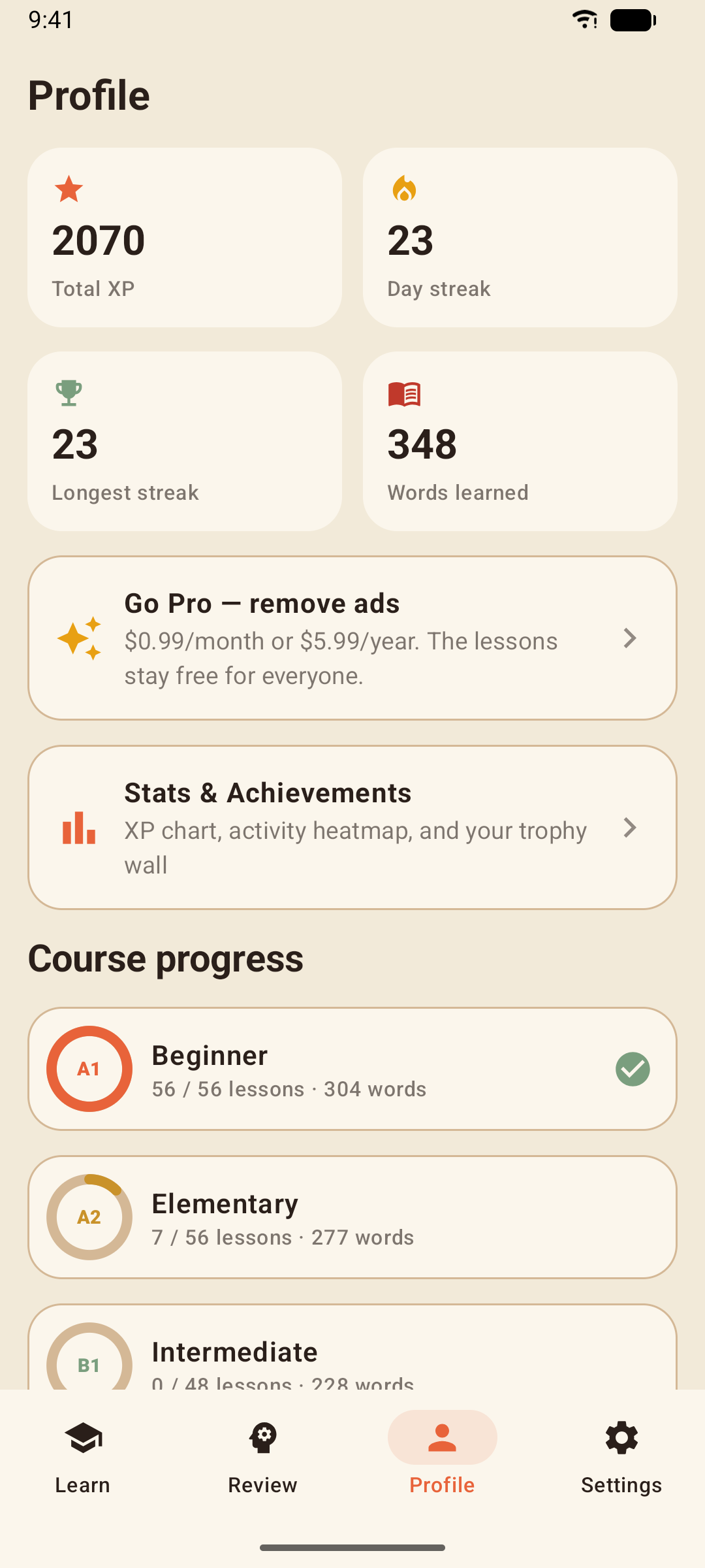 The Profile tab: XP, streak, words learned and progress rings per level