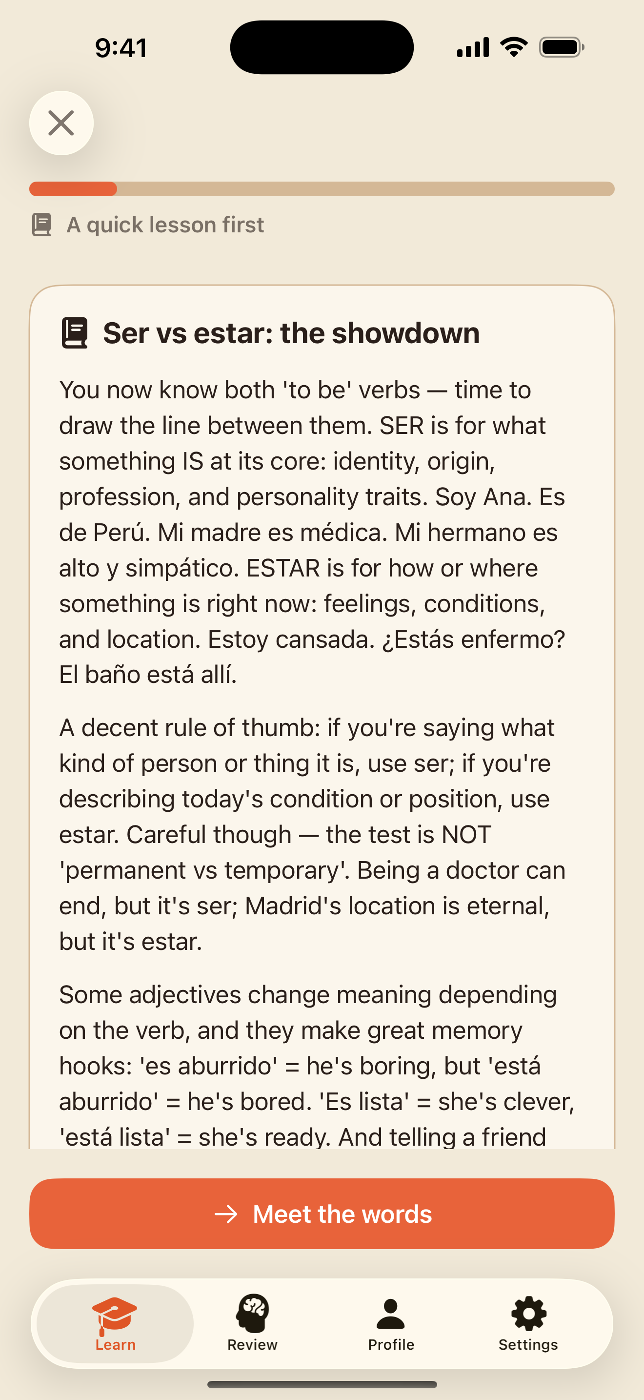 A lesson's grammar note — the explanation with Spanish examples you can play