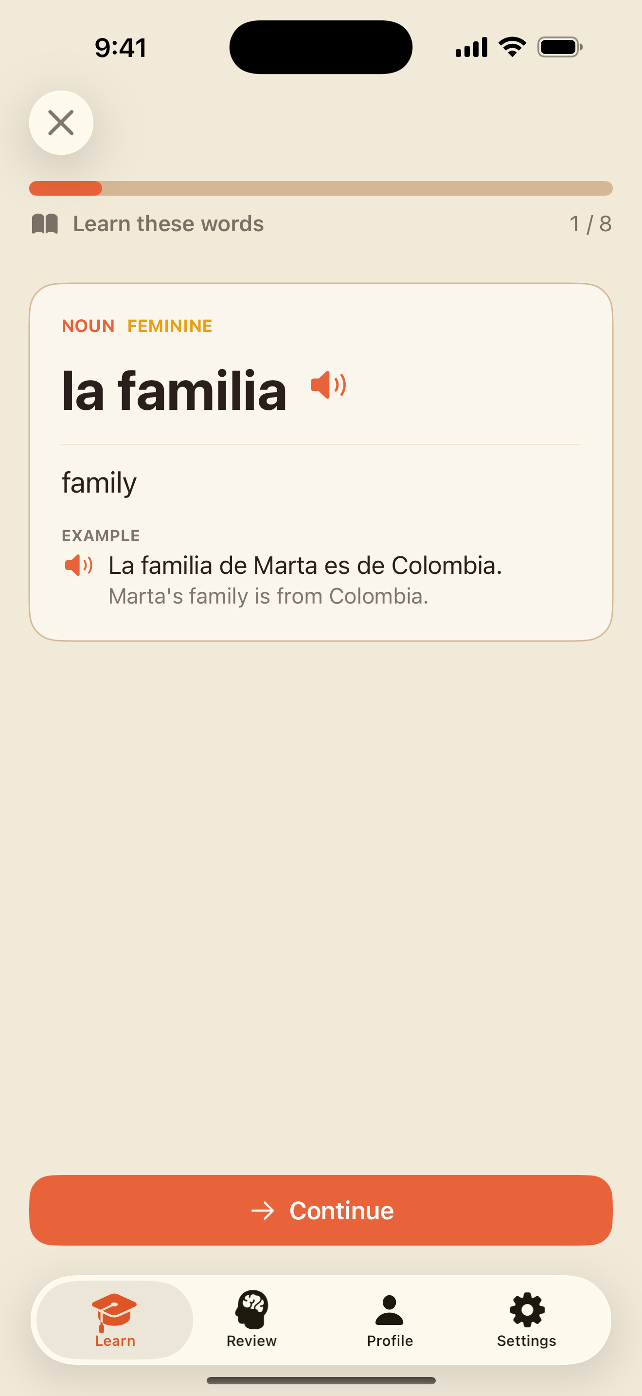 A vocabulary card: the Spanish word, its meaning, a note and a speaker button