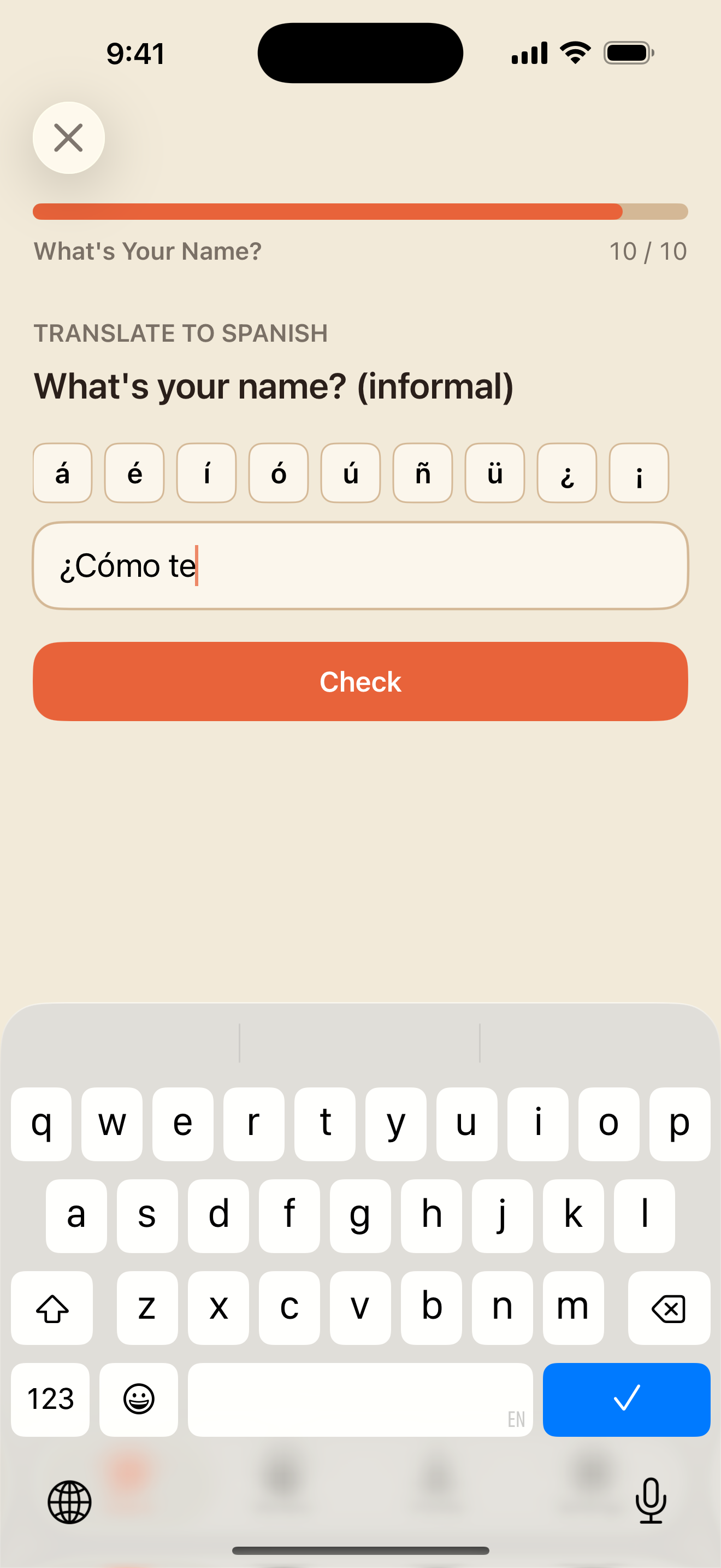 A typed translation with the accent bar above the keyboard