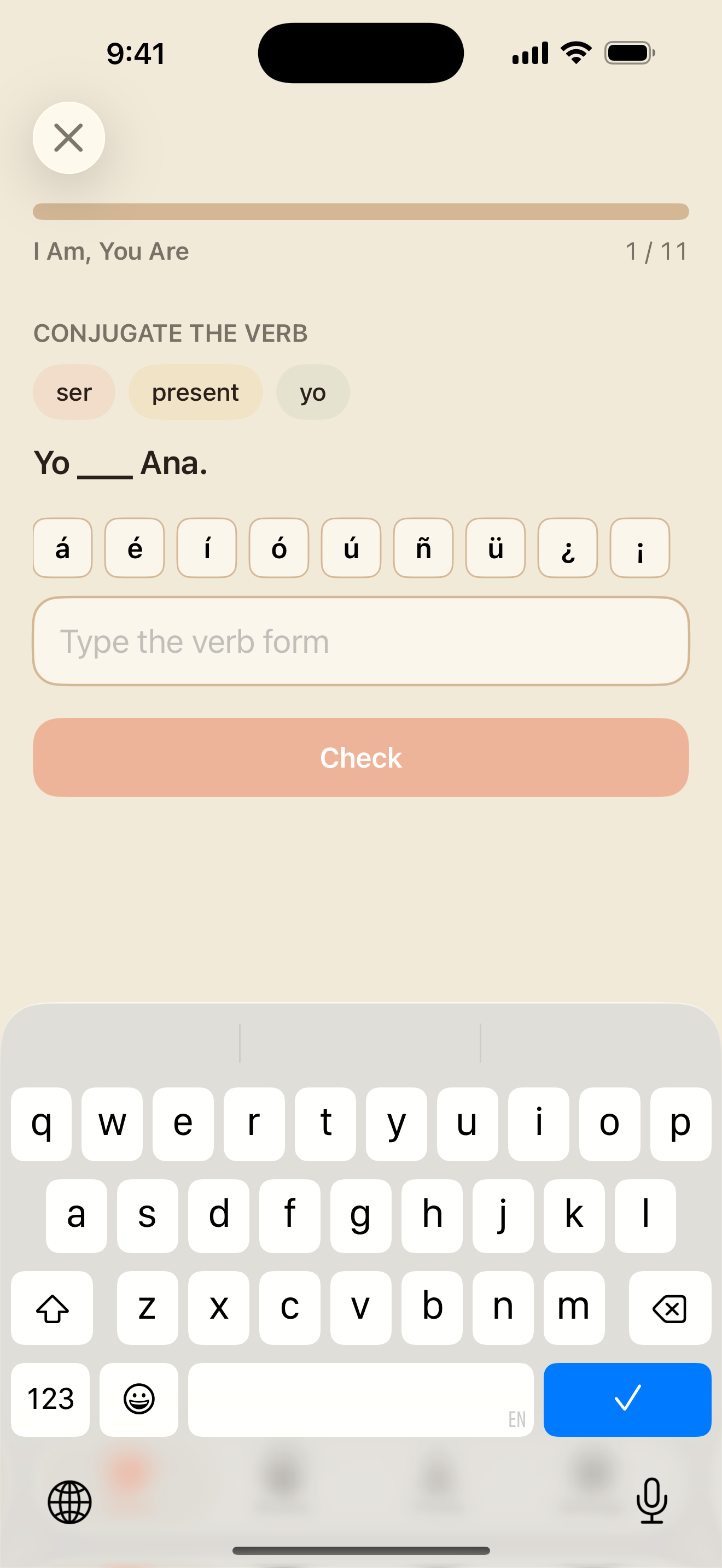 A conjugation exercise with the pronoun chip and the typed form