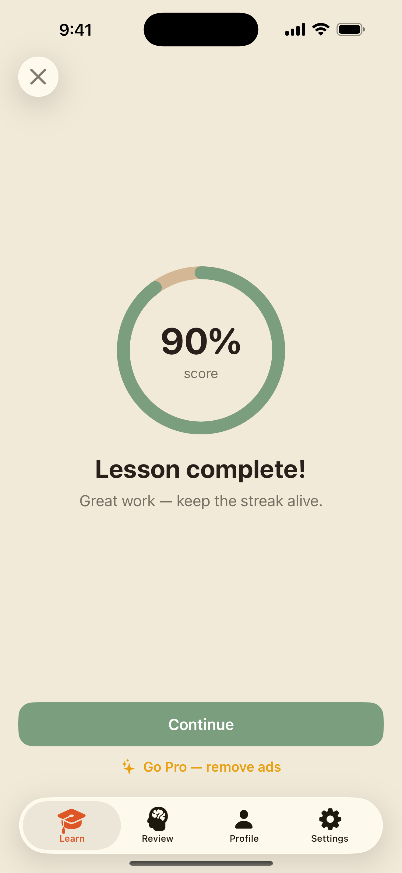 The lesson result screen: score, XP earned and the words that joined Smart Review