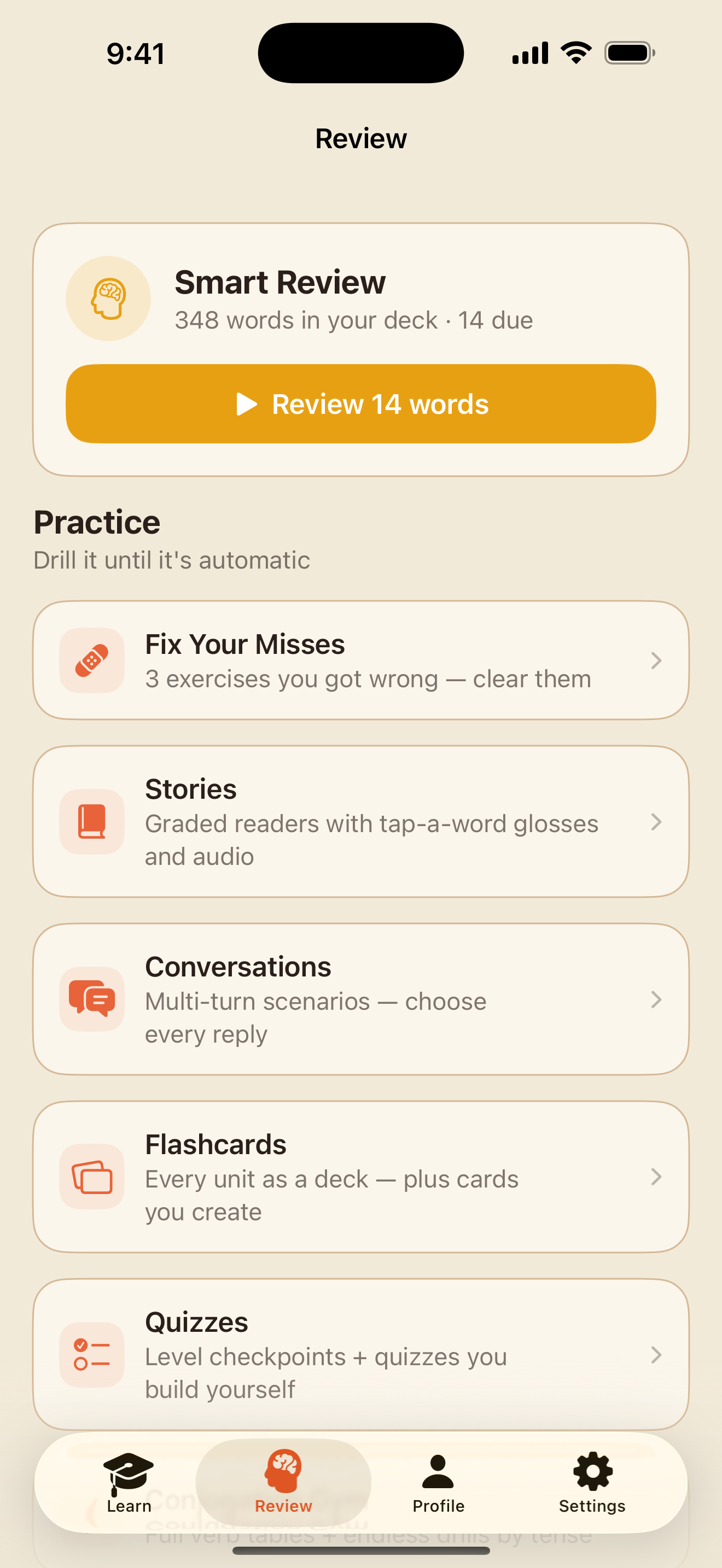 The Review tab: Smart Review with the deck and due counts, then Fix Your Misses, Stories, Conversations, Flashcards, Quizzes, the Conjugation Gym, the Grammar Library and the Phrasebook