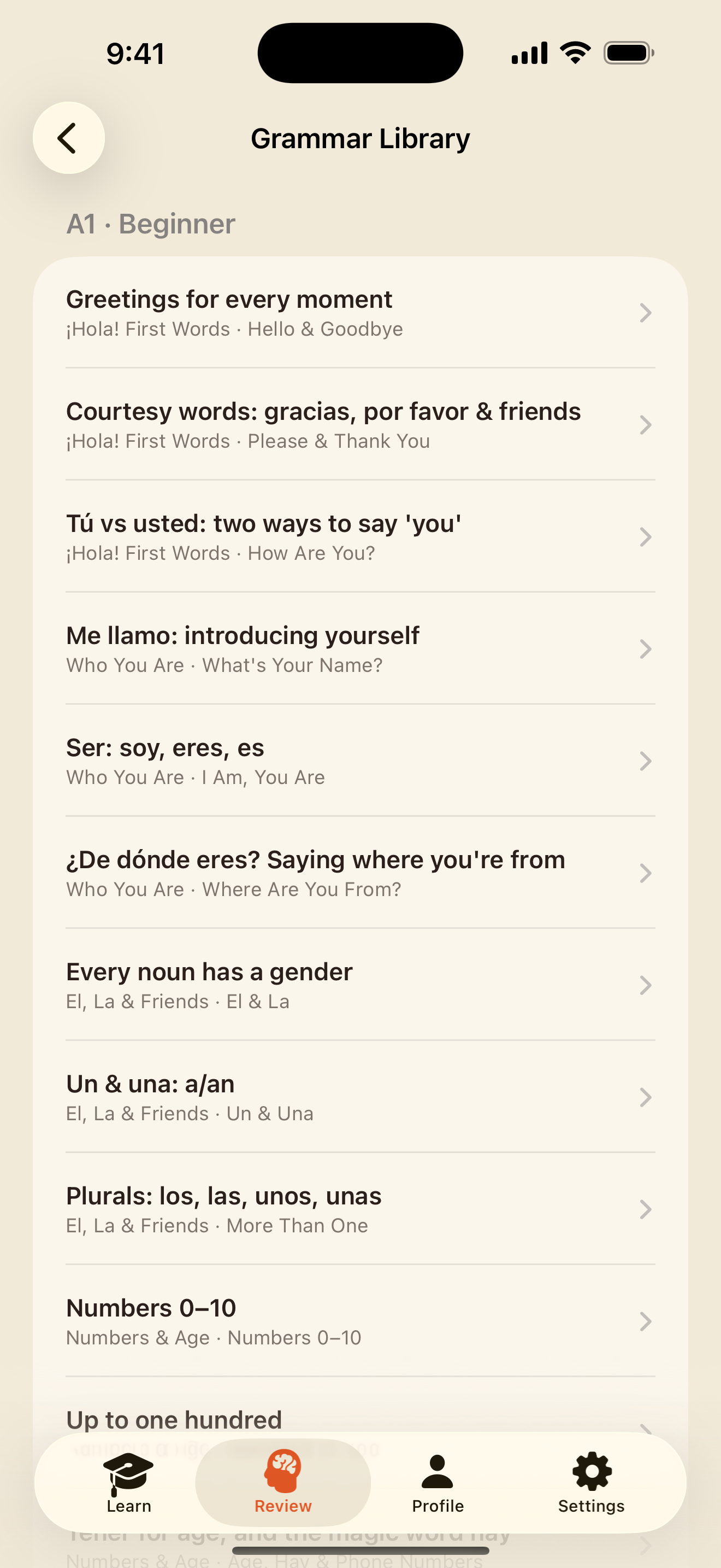 The Grammar Library: every grammar note in the course, by level and unit